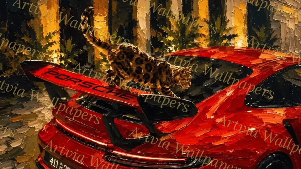 Big cat on a red Porsche