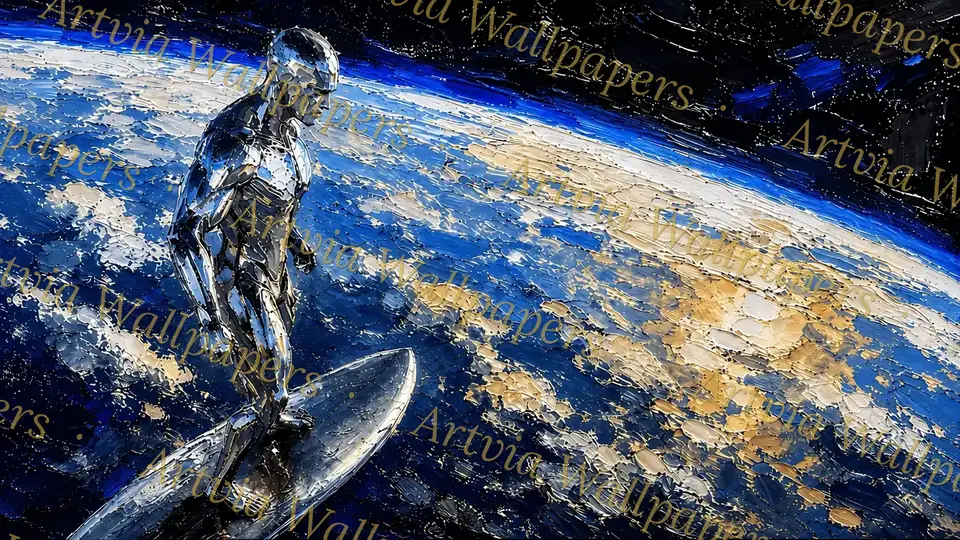 Silver surfer in space - impasto painting