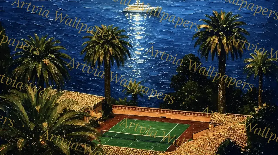 Tennis court with a yacht